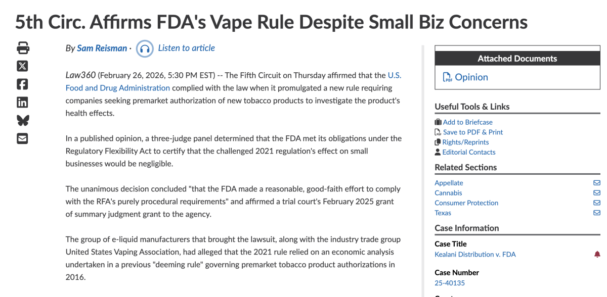 U.S. Fifth Circuit Backs FDA: 2021 Final PMTA Rule Complied With Legal Procedures